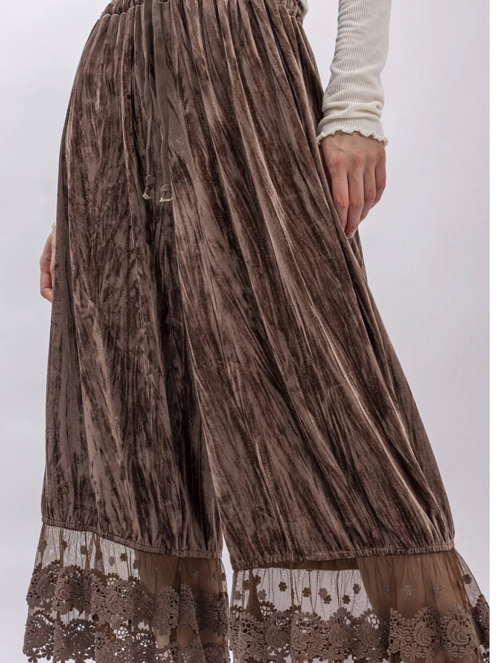Blue Velvet Lace Hem Wide Leg Pants - Brown - Picture 1 of 6
